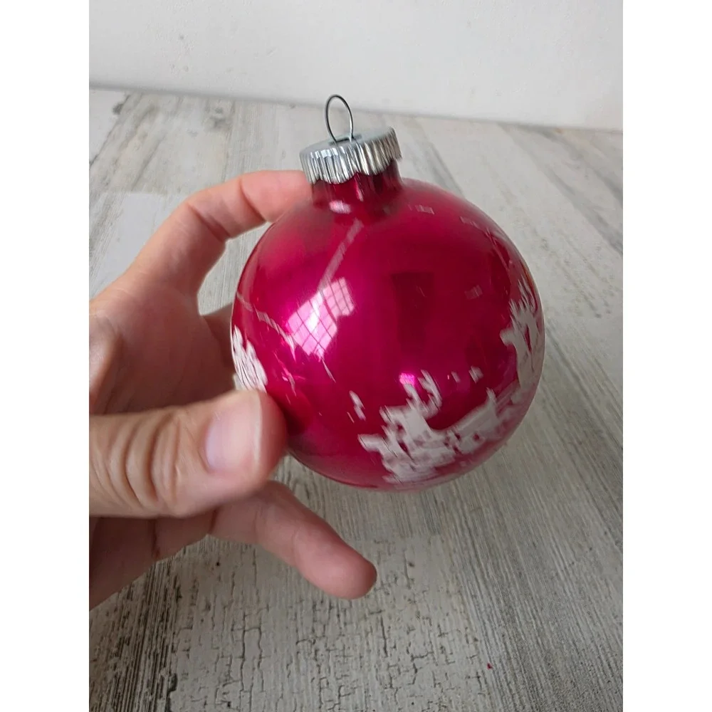 Vintage reindeer pink stencil sleigh Santa shiny Brite ornament glass Xmas tree